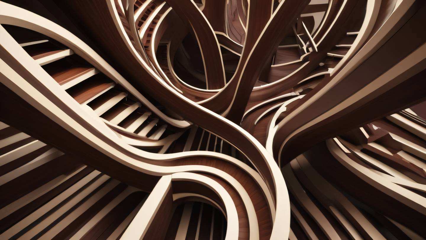 An abstract architectural structure representing modular design featuring interconnected geometric shapes and pathways in rich mahogany brown and cream colors shot from a low angle perspective with dramatic lighting high-quality ultra-realistic cinematic 8K UHD high resolution sharp and detail