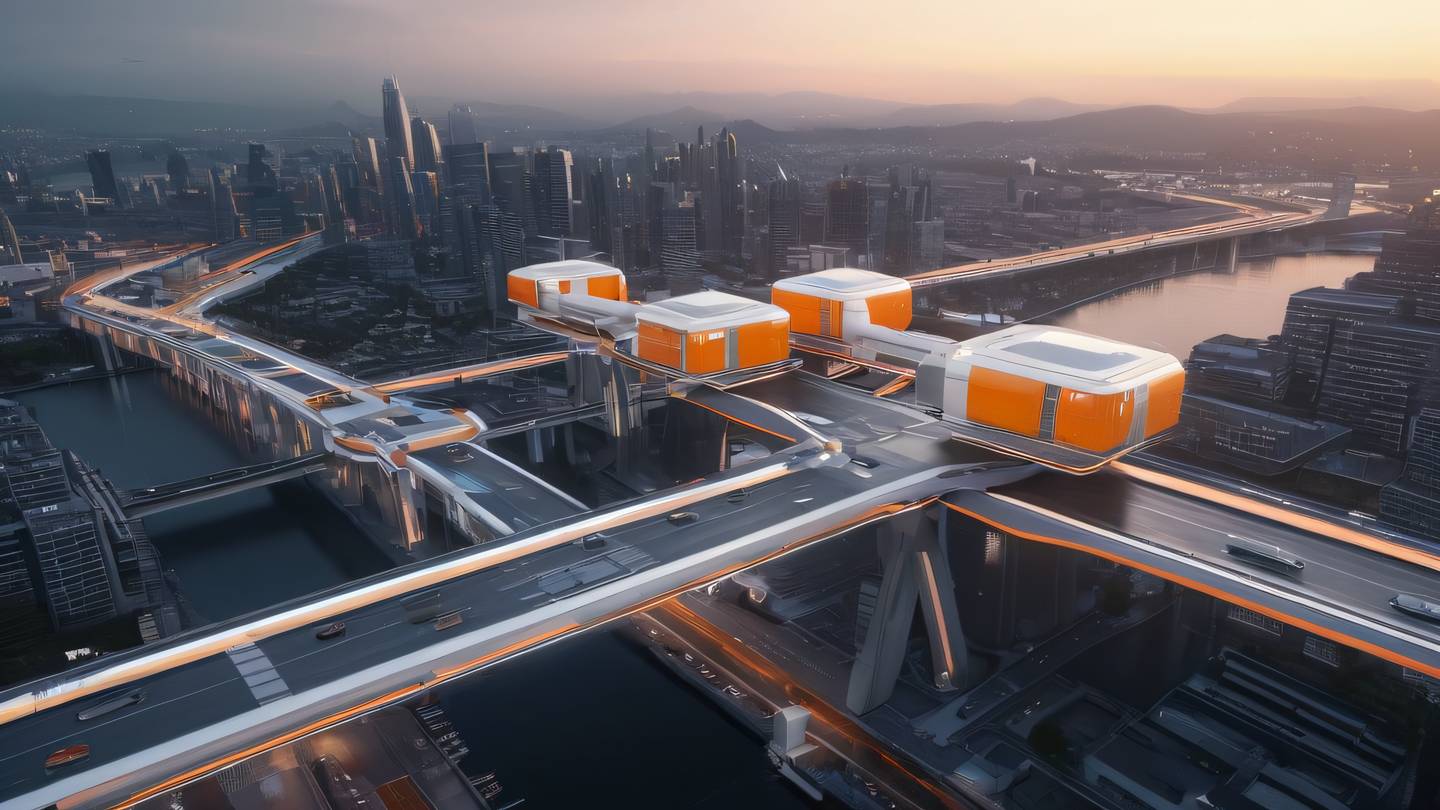 A futuristic cityscape with modular floating structures connected by light bridges featuring bright orange and white architectural elements against a stone-colored sky captured from an elevated aerial view high-quality ultra-realistic cinematic 8K UHD high resolution sharp and detail