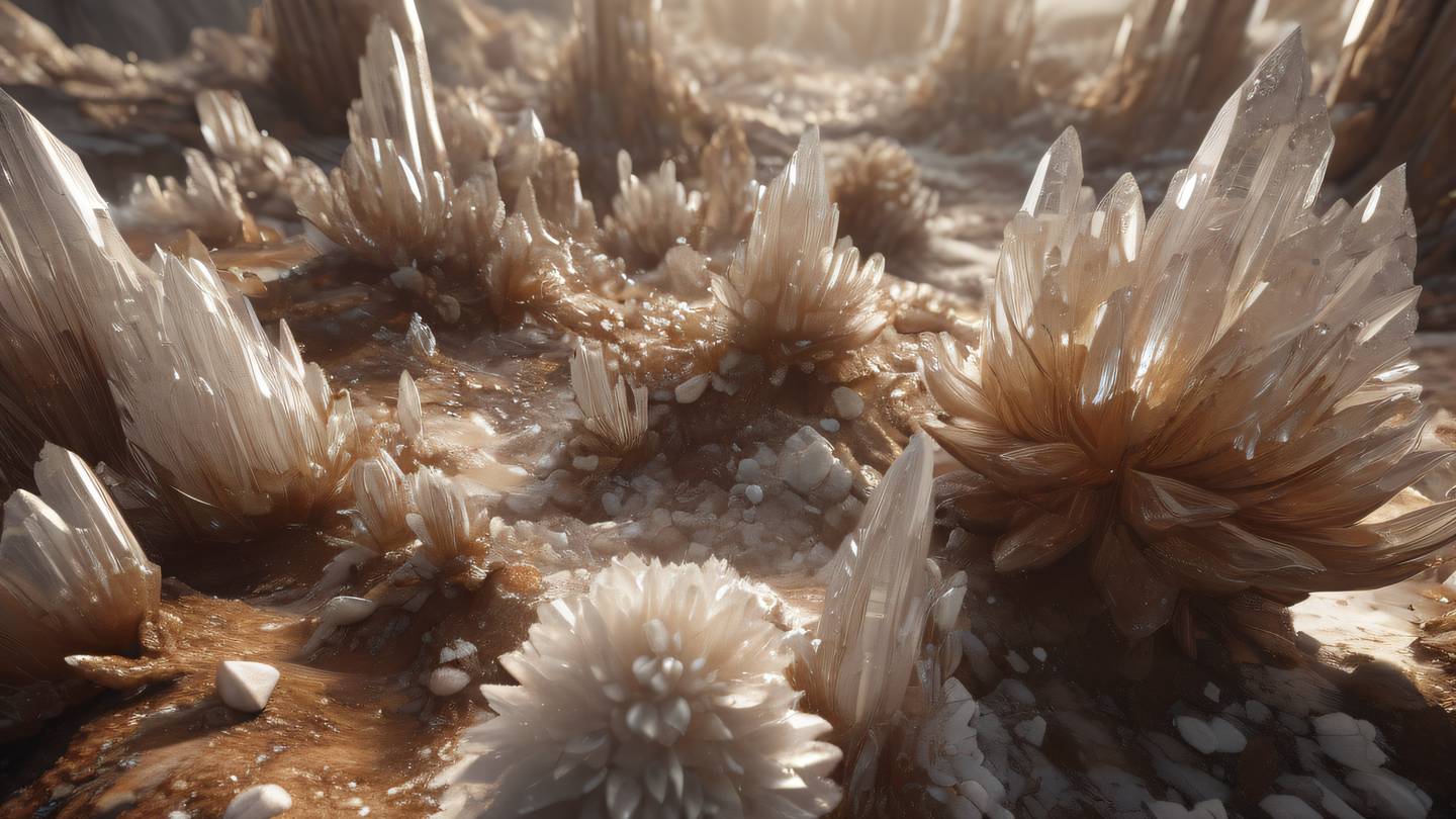 A majestic landscape of interconnected crystal formations and geometric minerals in warm white and rich brown tones captured from a wide-angle perspective showing depth and scale high-quality ultra-realistic cinematic 8K UHD high resolution sharp and detail