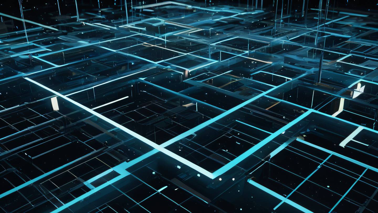 Abstract space art featuring interconnected geometric shapes floating in void representing data structures and relationships. Dominant colors: light blue and black with accents of yellow. Camera angle: straight on capturing the entire composition. high-quality ultra-realistic cinematic 8K UHD high resolution sharp and detail