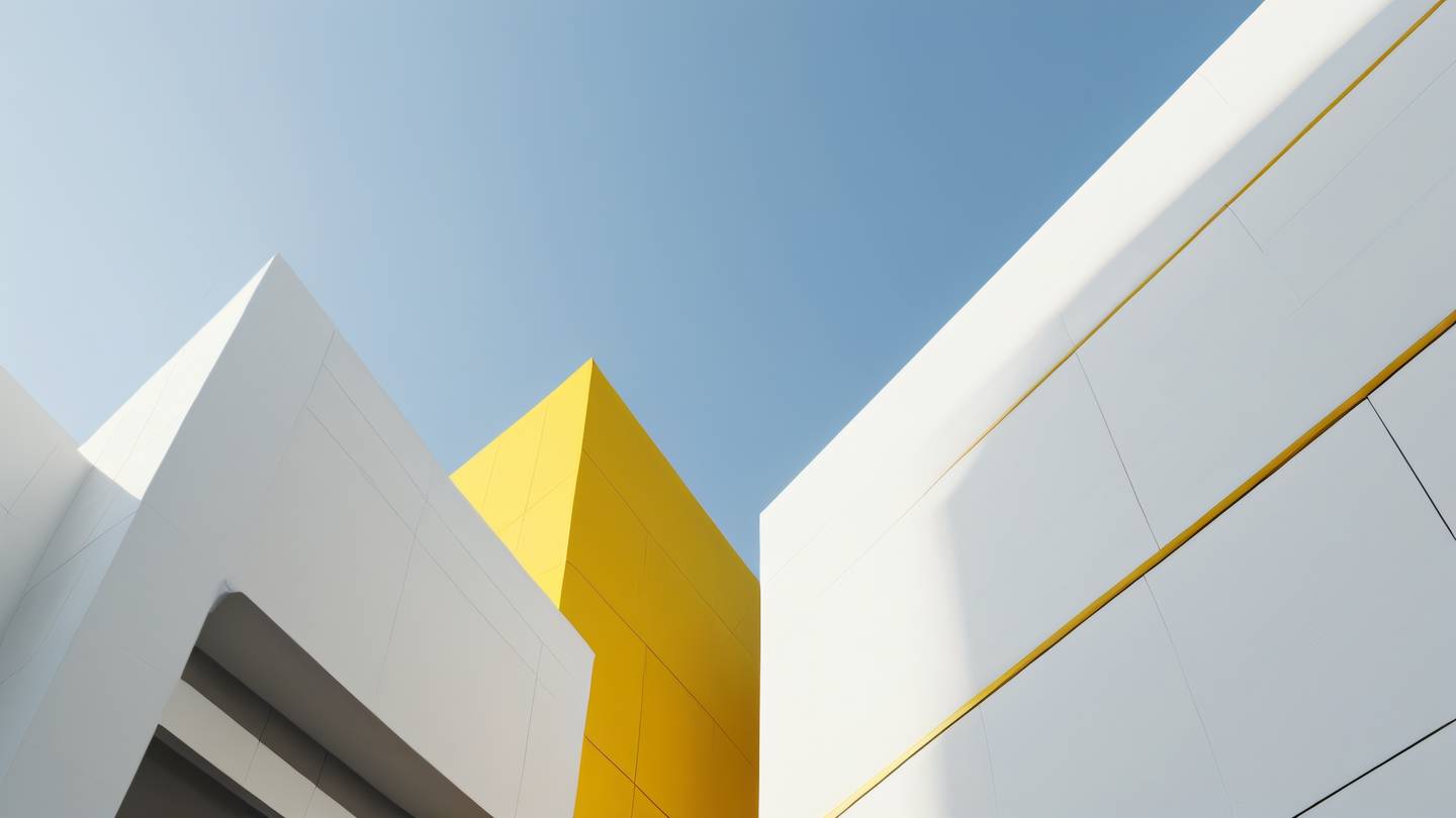 A minimalist abstract architectural composition featuring clean lines and geometric shapes predominantly in bright yellow and white tones shot from a low angle perspective with strong diagonal lines showcasing modern design elements high-quality ultra-realistic cinematic 8K UHD high resolution sharp and detail