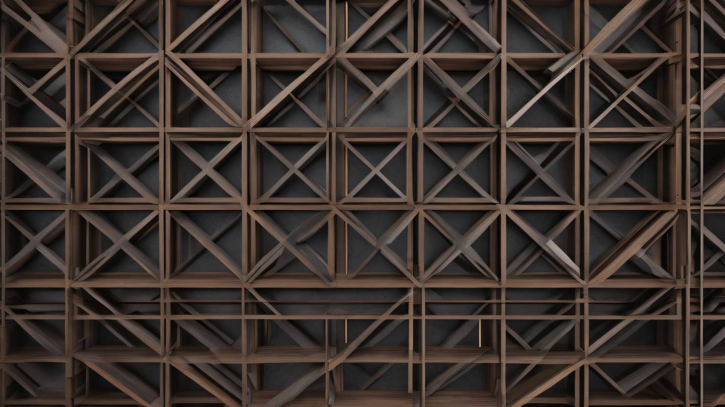 Abstract geometric patterns resembling architectural blueprints rendered in walnut brown and iron grey colors viewed from a top-down perspective featuring interconnected lines and shapes high-quality ultra-realistic cinematic 8K UHD high resolution sharp and detail