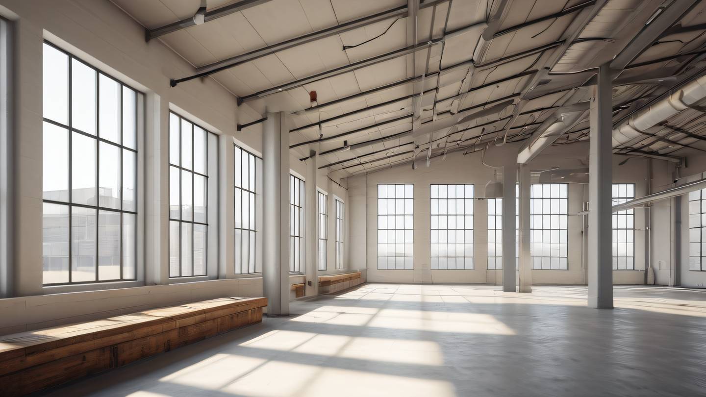 A serene industrial interior with clean lines and modern aesthetics featuring natural light streaming through large windows rendered in creamy whites and warm wood tones photographed from a wide angle perspective high-quality ultra-realistic cinematic 8K UHD high resolution sharp and detail