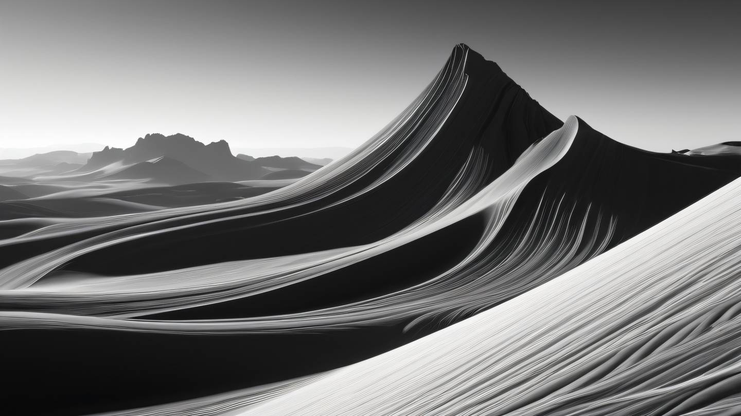 An abstract landscape composition with flowing lines and organic shapes rendered in black and white with strong contrast captured from a dramatic side angle suggesting movement and harmony high-quality ultra-realistic cinematic 8K UHD high resolution sharp and detail