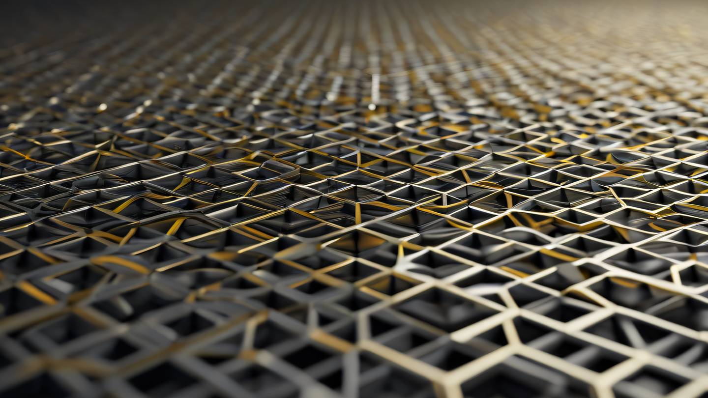 Geometric patterns forming a structured grid with interconnected nodes metallic silver and butterscotch yellow color scheme captured from a 45-degree angle high-quality ultra-realistic cinematic 8K UHD high resolution sharp and detail