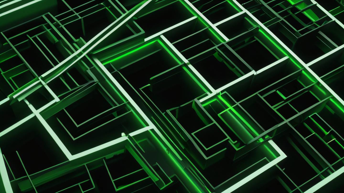 A modern abstract composition featuring interlocking geometric shapes and flowing lines rendered in bright neon green and off-white against black background representing connection and modularity. Shot from top-down perspective ultra-realistic cinematic 8K UHD high resolution sharp and detail