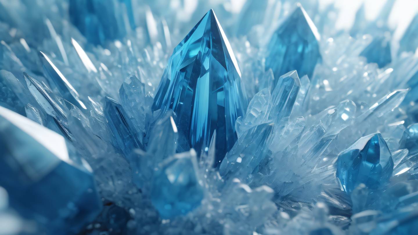 Crystal formations growing and interconnecting in bright blue and white colors with sharp geometric patterns photographed from a 45-degree angle with dramatic lighting. High-quality ultra-realistic cinematic 8K UHD high resolution sharp and detail
