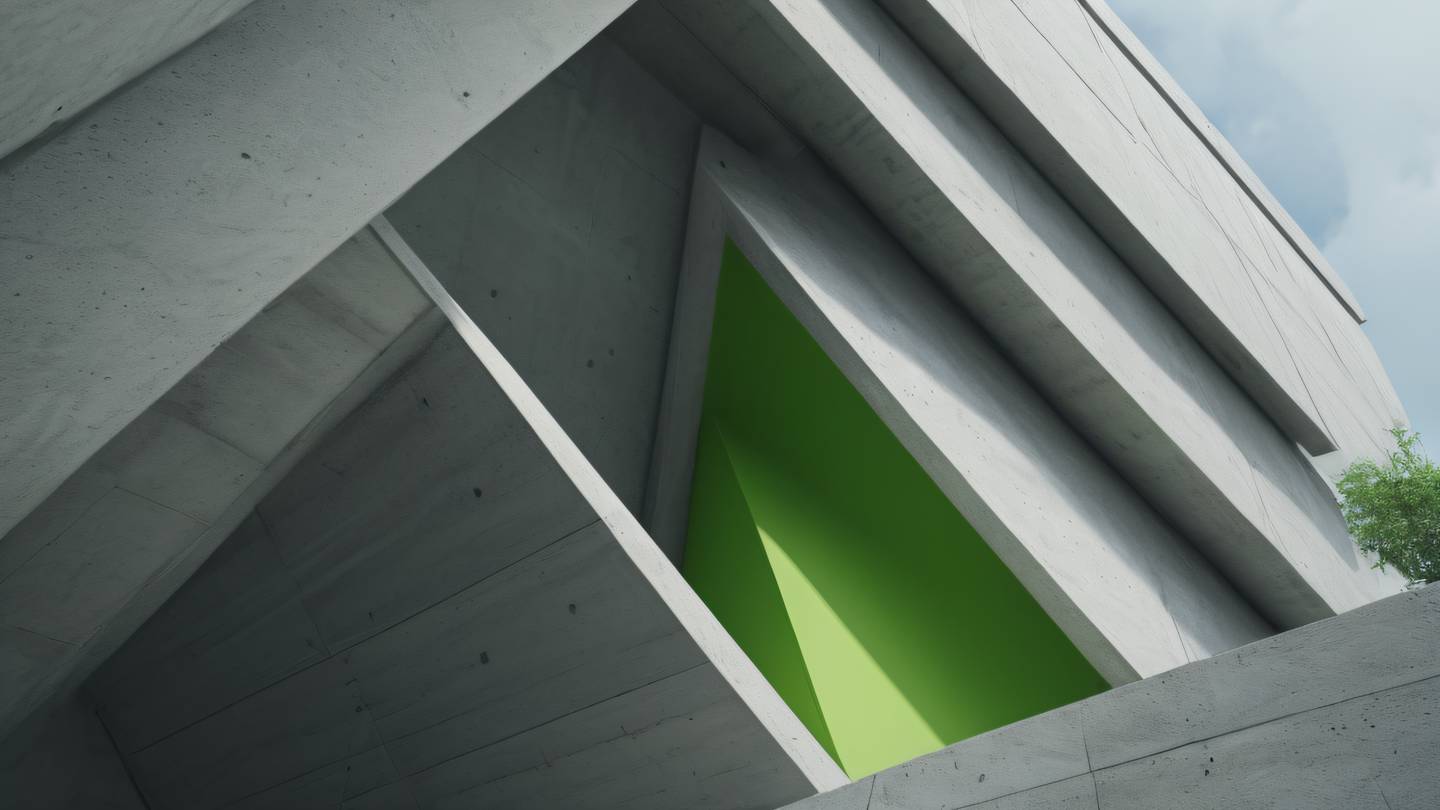 Abstract architectural elements with smooth concrete textures in bright green and cool grey tones featuring clean lines and geometric shapes captured from a low angle perspective. High-quality ultra-realistic cinematic 8K UHD high resolution sharp and detail