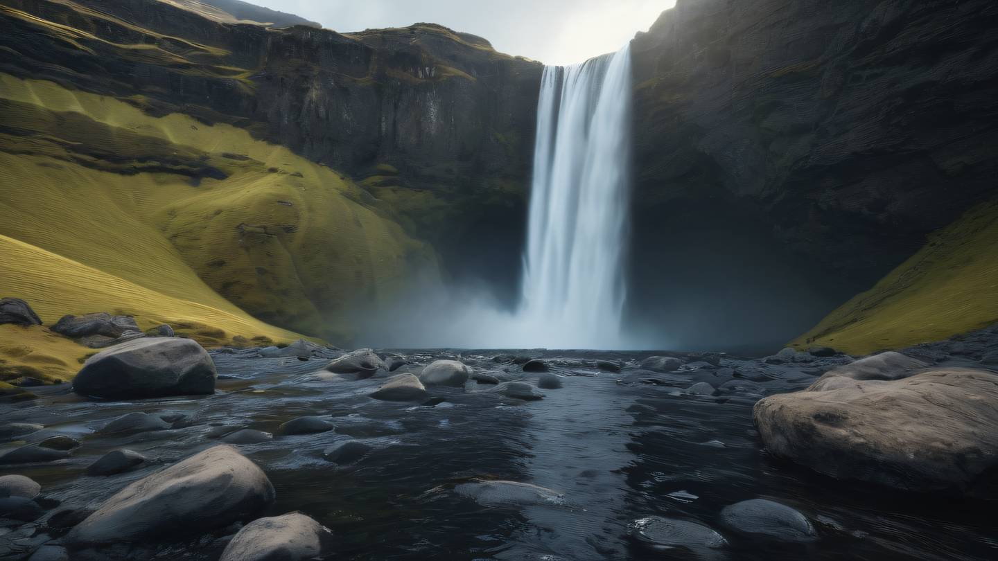 A serene Icelandic waterfall cascading over geometric rocks with sunshine yellow and white light rays piercing through clouds ultra-realistic cinematic quality 8K UHD high resolution sharp details wide angle shot from side
