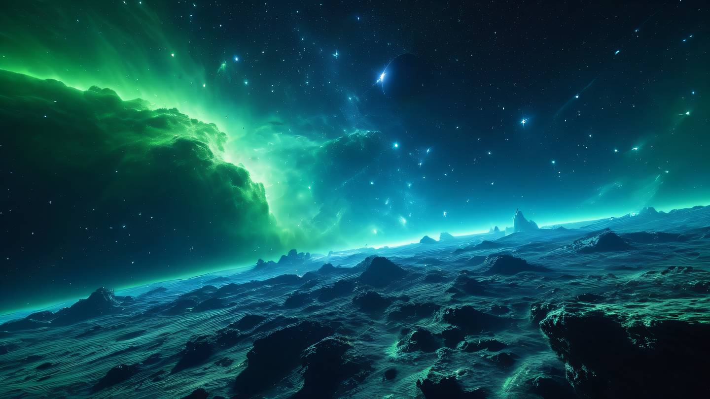 Deep space vista with glowing nebula formations in fluorescent green and sapphire blue colors featuring geometric crystalline structures floating in space ultra-realistic cinematic quality 8K UHD high resolution sharp details extreme wide angle shot