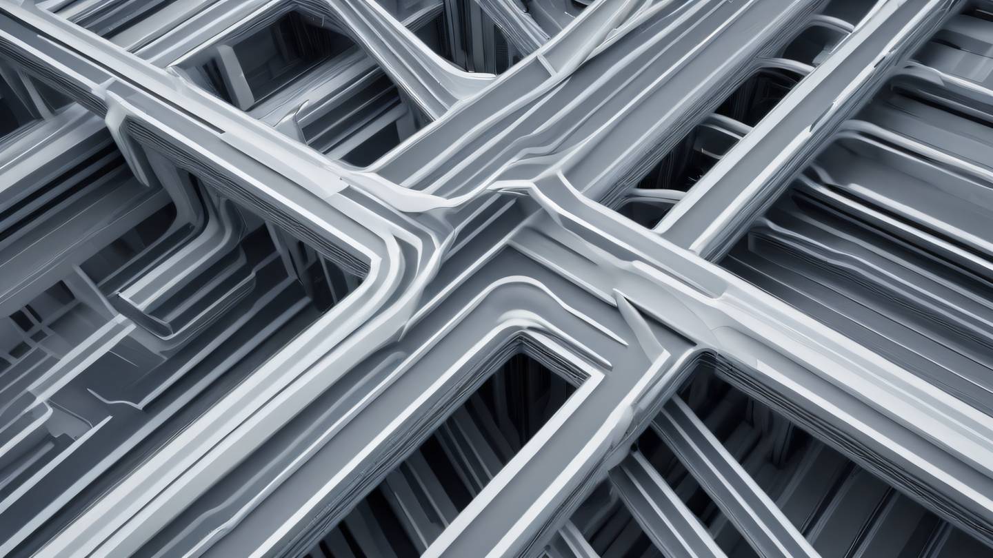 Abstract flowing gray and white patterns resembling code architecture with sharp geometric shapes and light beams interweaving through the composition ultra-realistic cinematic quality 8K UHD high resolution sharp details top-down aerial view