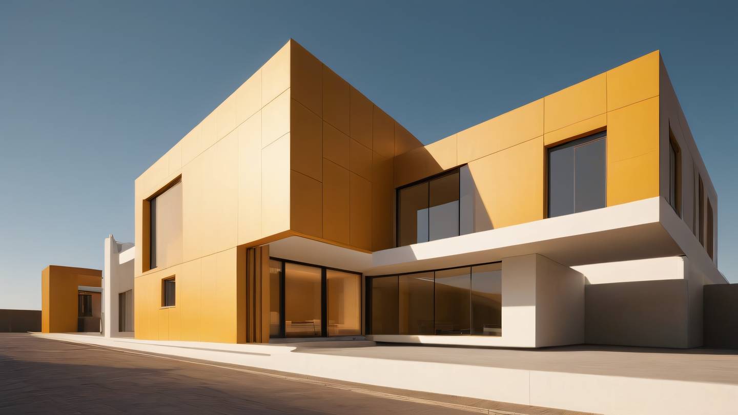 Modern minimalist architecture with clean lines and geometric shapes warm butterscotch yellow tones with contrasting shadows photographed from a low angle perspective high-quality ultra-realistic cinematic 8K UHD high resolution sharp and detail