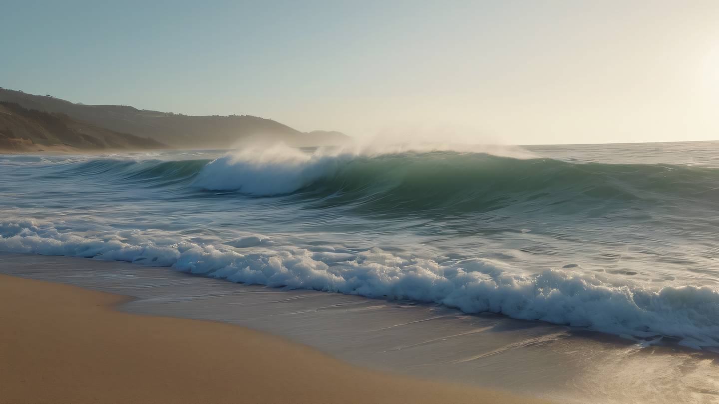 Smooth flowing ocean waves with gentle curves featuring October mist and sand colors blending naturally captured from a low angle perspective showing the waves' movement high-quality ultra-realistic cinematic 8K UHD high resolution sharp and detail