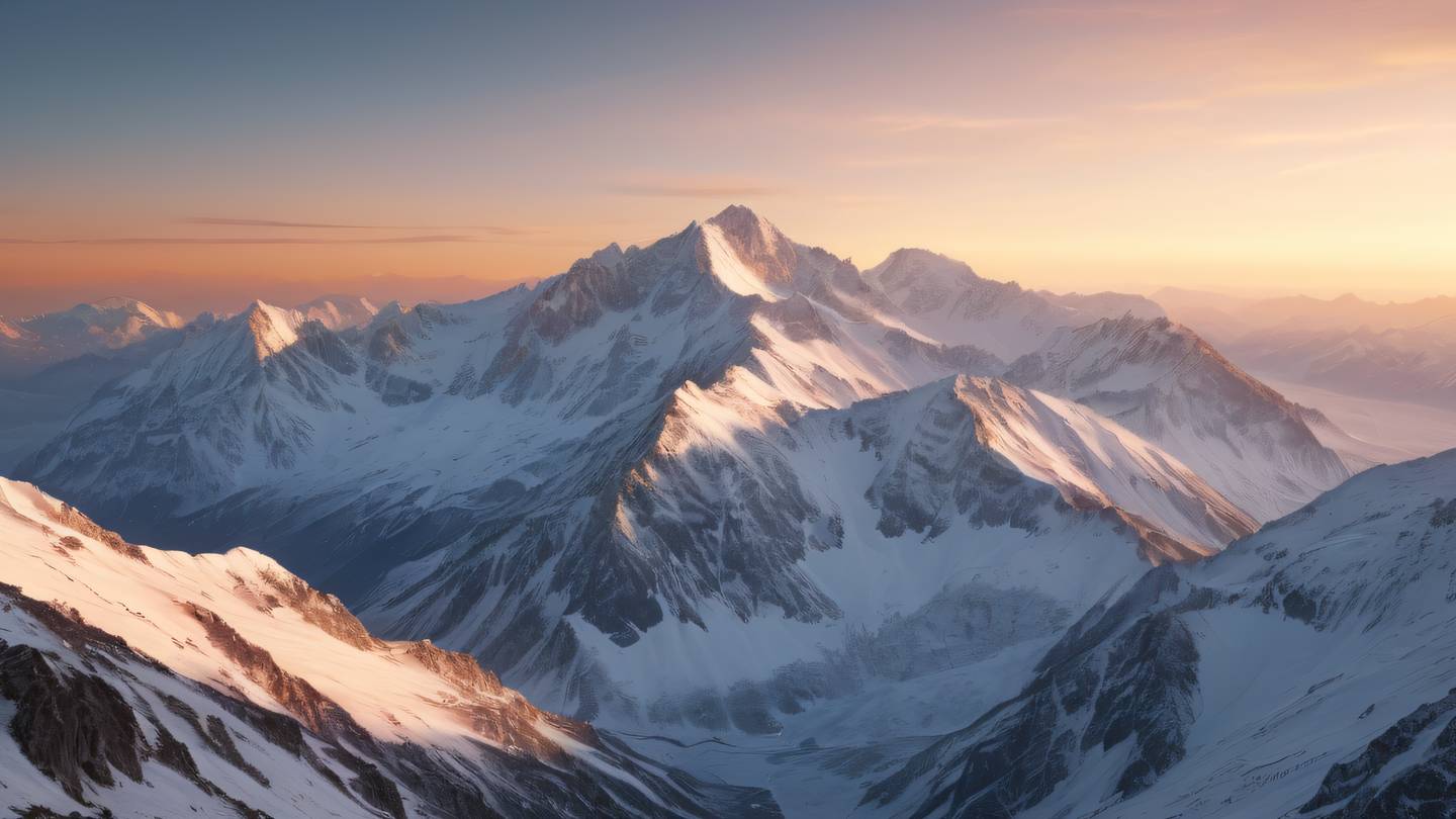 Majestic snow-capped mountains with layers of natural forms featuring bright orange and neutral tones in the sky photographed from a diagonal angle showing depth and scale high-quality ultra-realistic cinematic 8K UHD high resolution sharp and detail