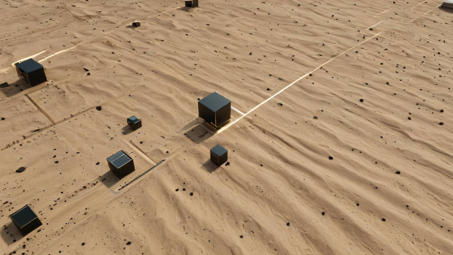 Abstract geometric shapes floating in space representing interconnected systems featuring bright neutral and sand colors with black accents viewed from a front-facing perspective with slight upward angle high-quality ultra-realistic cinematic 8K UHD high resolution sharp and detail