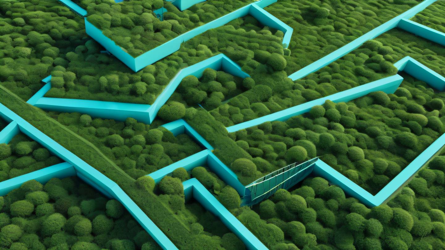 A minimalist abstract composition featuring geometric shapes and flowing lines representing code architecture dominated by turquoise blue and fresh moss green colors sharp shadows creating depth captured from a top-down perspective high-quality ultra-realistic cinematic 8K UHD high resolution sharp and detail