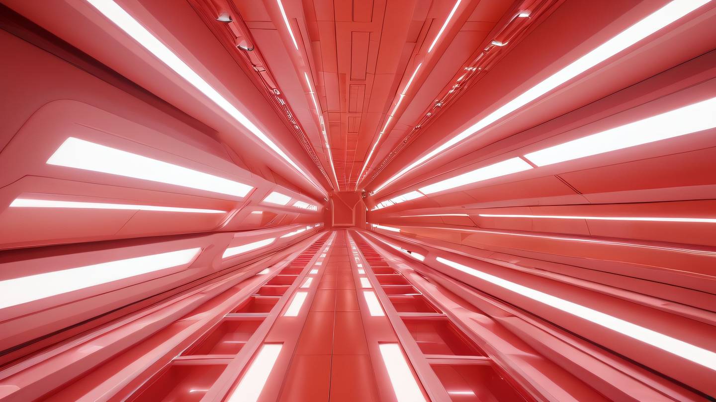 Futuristic architectural structure with clean lines and geometric patterns illuminated by soft lighting colored in salmon-orange and ruby red tones photographed from a low angle perspective looking up high-quality ultra-realistic cinematic 8K UHD high resolution sharp and detail