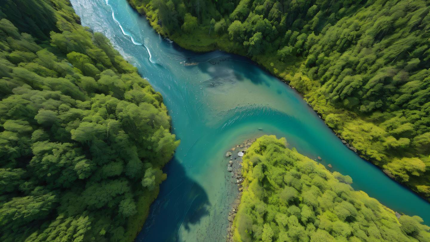 Aerial top-down view of a flowing river system branching into multiple streams through a lush valley symbolizing code flow and debugging paths bright turquoise water contrasting with golden-yellow terrain captured with ultra-wide angle lens high-quality ultra-realistic cinematic 8K UHD high resolution sharp and detail