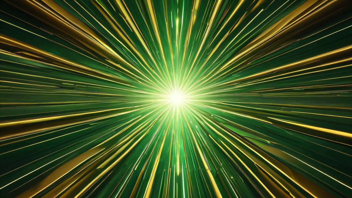Abstract composition of interwoven light rays piercing through geometric shapes bright emerald green and golden amber colors creating depth and dimension shot from below looking up high-quality ultra-realistic cinematic 8K UHD high resolution sharp and detail