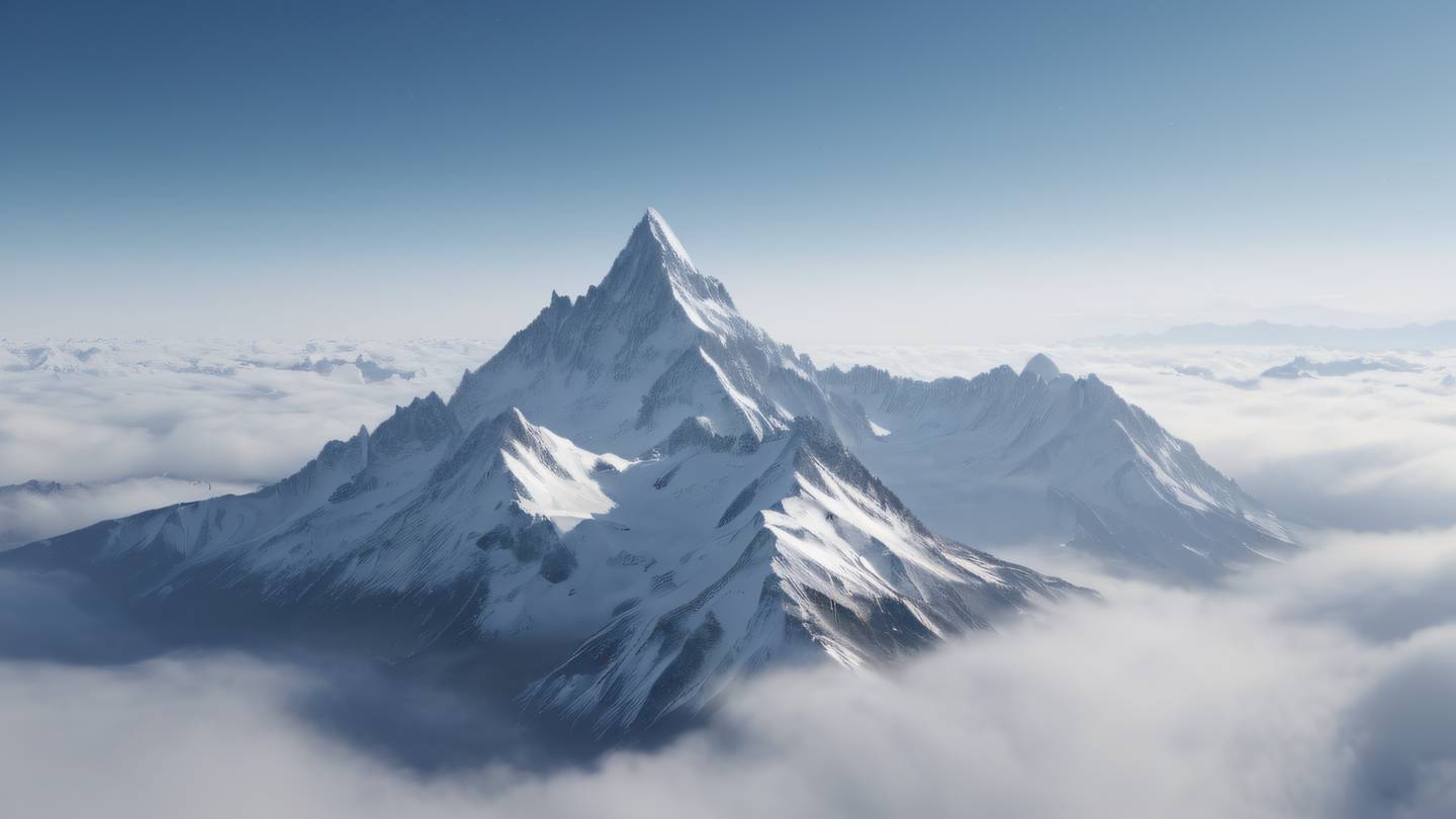 Minimalist landscape of snow-capped mountain peaks emerging from low-lying clouds perfect red and off-white color palette captured from distant perspective high-quality ultra-realistic cinematic 8K UHD high resolution sharp and detail