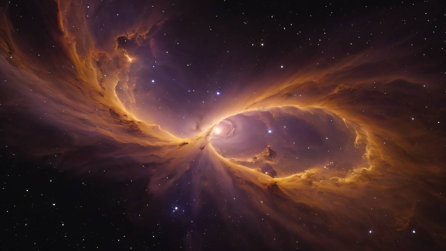 Ethereal nebula formation in deep space swirling patterns of bright ochre and grapeseed colors against dark backdrop captured straight-on with telescopic lens high-quality ultra-realistic cinematic 8K UHD high resolution sharp and detail