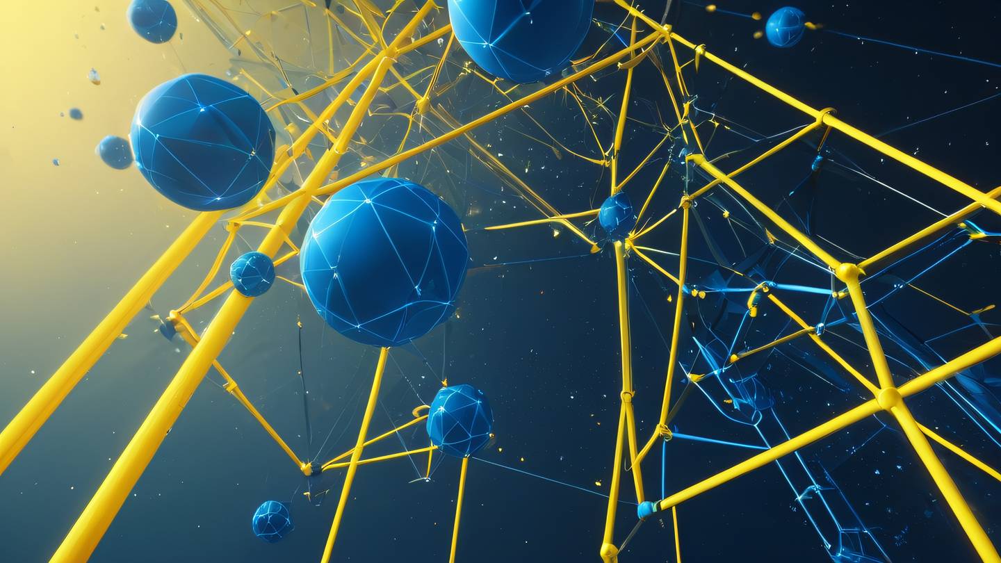 Abstract geometric shapes floating in space with interconnected lines and nodes rendered in bright sunshine yellow and sapphire blue gradient suggesting type transformation and utility overhead camera angle perspective high-quality ultra-realistic cinematic 8K UHD high resolution sharp and detail