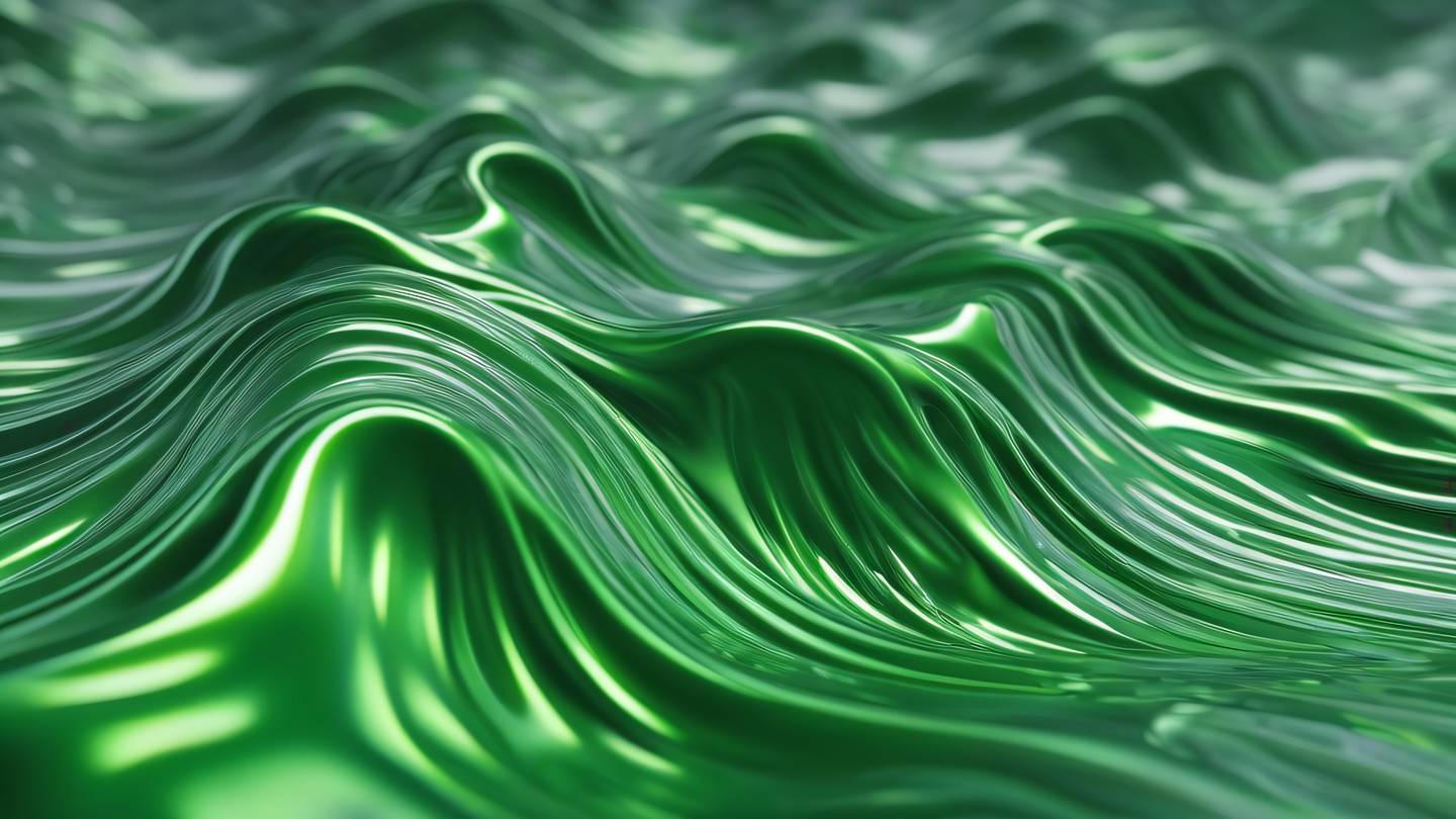 Smooth flowing liquid metal waves in fluorescent green and metallic silver representing fluid type transformations captured from a low angle perspective high-quality ultra-realistic cinematic 8K UHD high resolution sharp and detail