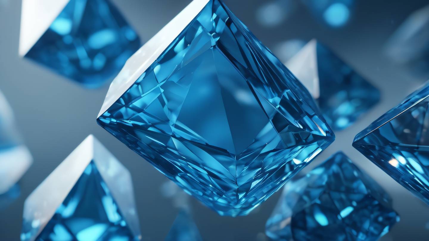 Crystal-like geometric structures morphing and transforming rendered in sapphire blue and holographic reflections macro close-up camera angle high-quality ultra-realistic cinematic 8K UHD high resolution sharp and detail