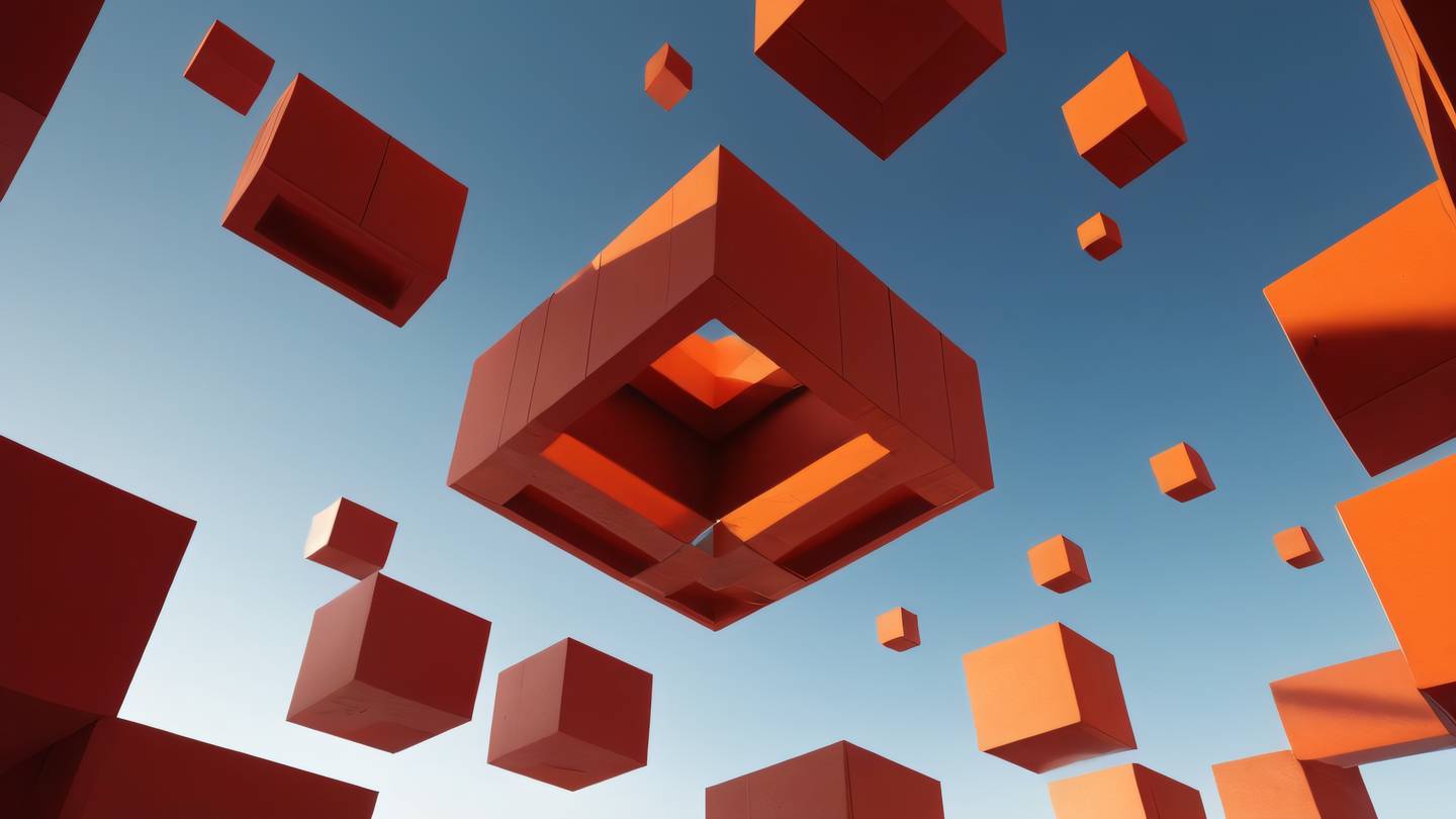 A modern abstract representation of nested building blocks floating in space featuring Bold orange and blood red gradient swirls geometric shapes intersecting and flowing captured from a low angle perspective looking up high-quality ultra-realistic cinematic 8K UHD high resolution sharp and detail