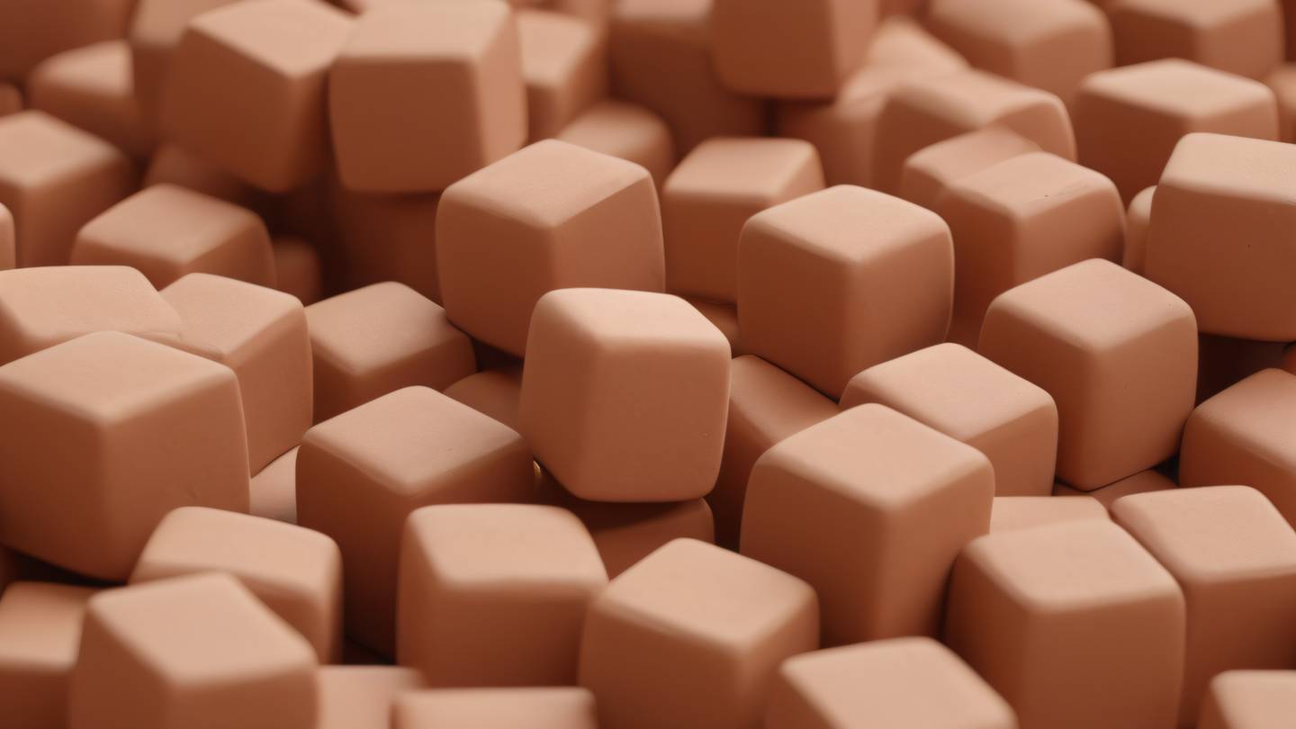 Abstract geometric composition of interlocking clay-colored cubes and spheres with warm terracotta tones and earthen textures floating against a neutral backdrop shot from a straight-on perspective high-quality ultra-realistic cinematic 8K UHD high resolution sharp and detail