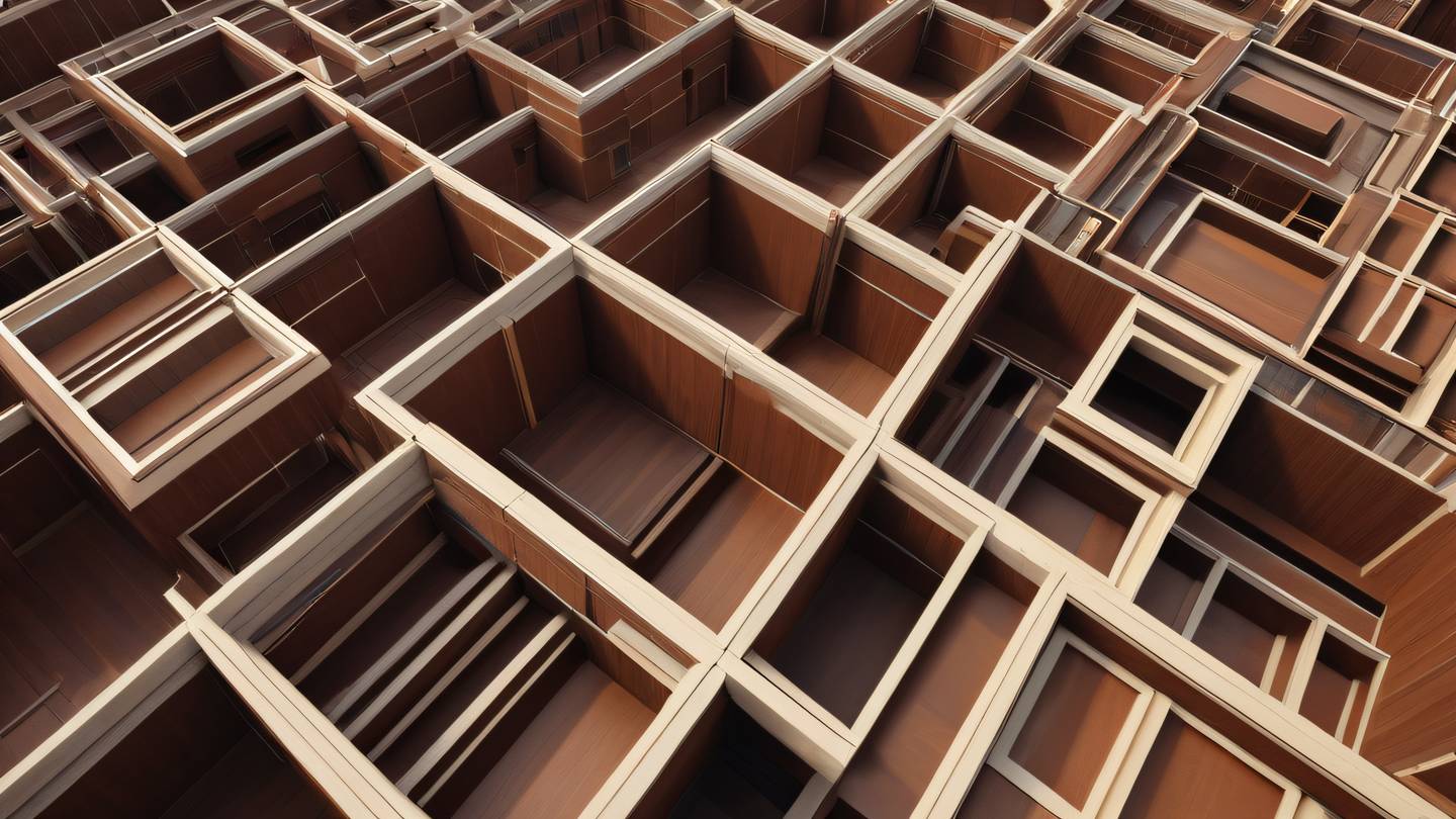Rich brown and mahogany colored abstract architectural forms with sleek lines and geometric patterns featuring cream-colored highlights captured from a birds-eye perspective high-quality ultra-realistic cinematic 8K UHD high resolution sharp and detail