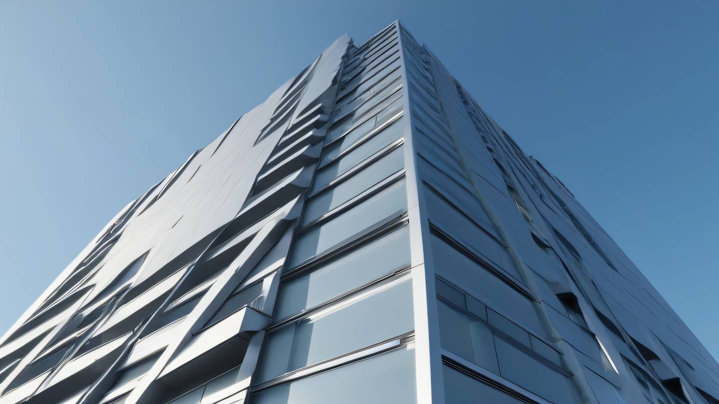 A modern minimalist architectural structure with clean lines and geometrical shapes featuring bright zinc and silver tones captured from a low angle perspective against a clear sky high-quality ultra-realistic cinematic 8K UHD high resolution sharp and detail