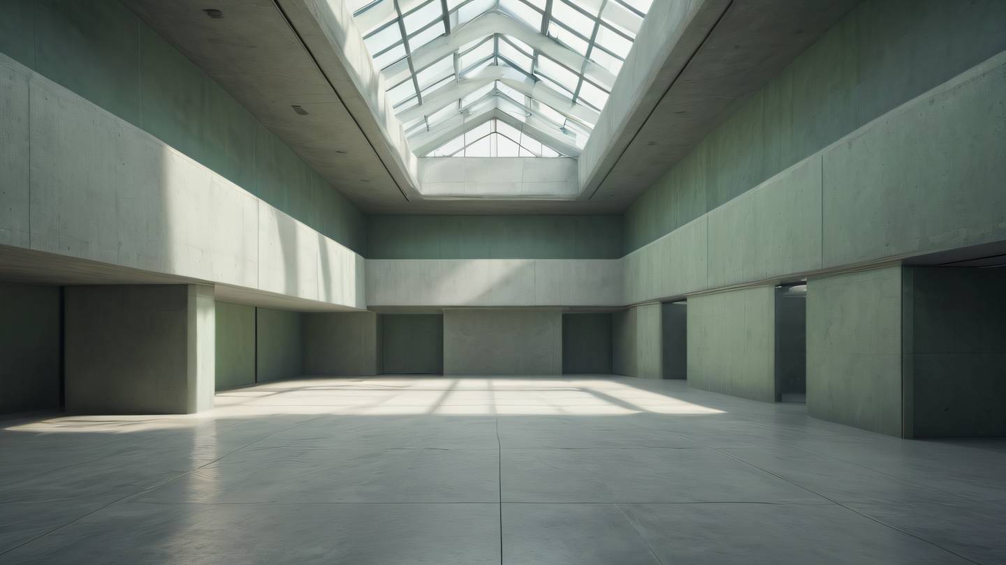 Abstract architectural interior space with smooth concrete surfaces and geometric patterns dominated by sage green tones with natural light streaming through skylights shot from a high angle perspective high-quality ultra-realistic cinematic 8K UHD high resolution sharp and detail