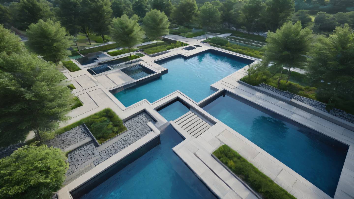 Modern landscape architecture with flowing water features and geometric pathways featuring stone gray and bright blue reflecting pools captured from a bird's eye perspective high-quality ultra-realistic cinematic 8K UHD high resolution sharp and detail