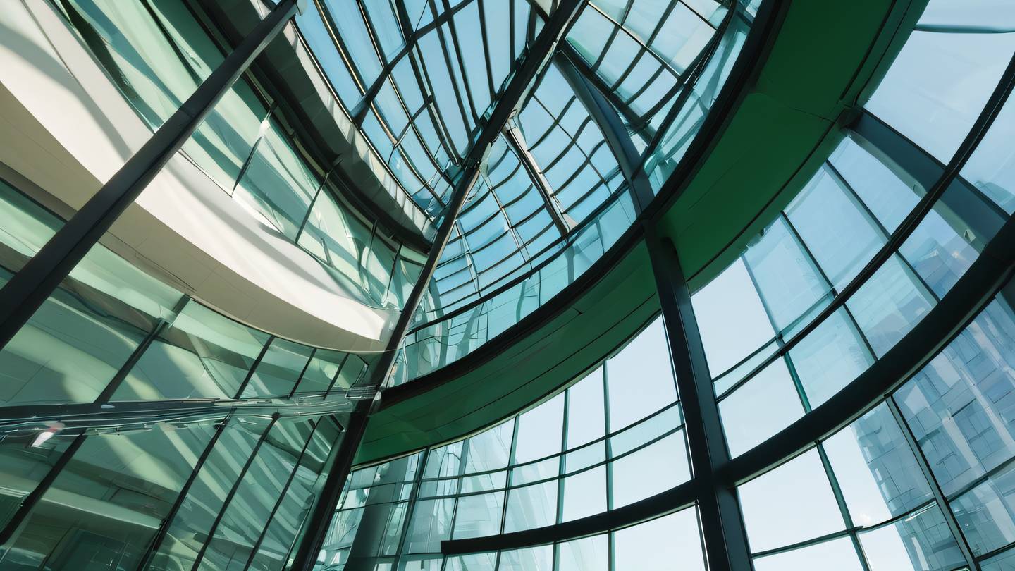 Abstract architectural detail of curved glass and steel structure bathed in natural light featuring bright pine green accents and geometric shadows photographed from an upward diagonal angle high-quality ultra-realistic cinematic 8K UHD high resolution sharp and detail